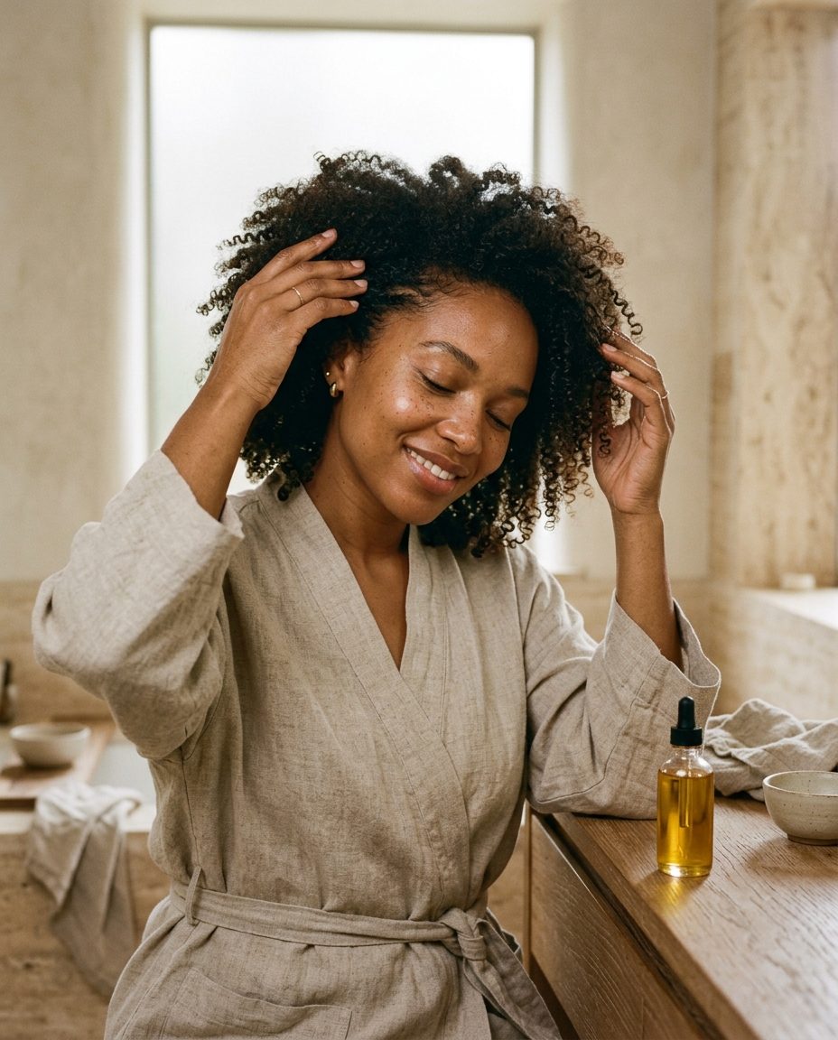 Intimate self-care ritual: Black African woman caring for natural coily textured hair in warm natural morning light